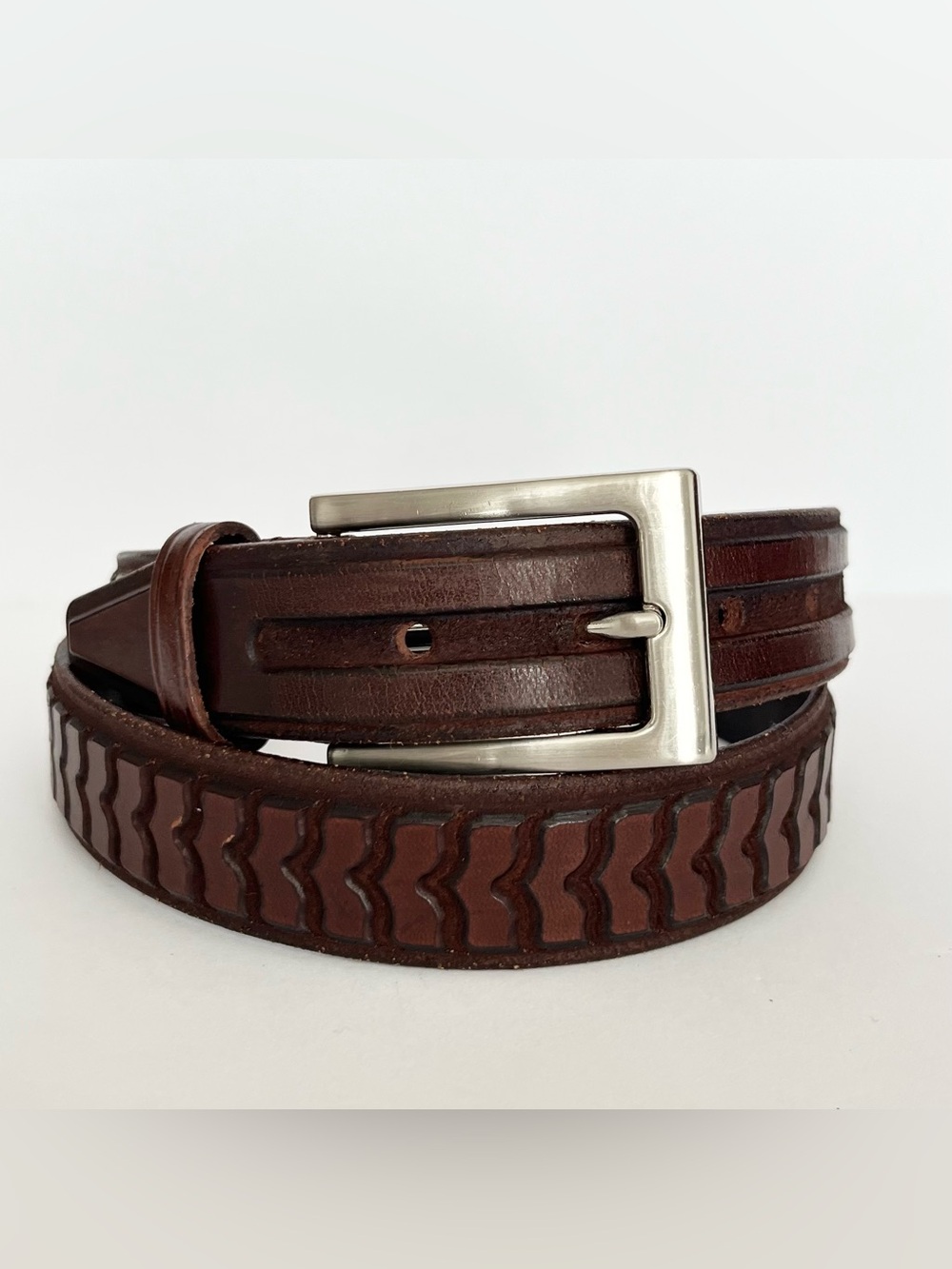 Torino Men's Aniline Kipskin Shoulders Brown Leather Belt 34 Silver Buckle USA
